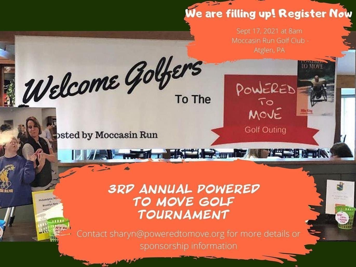Promotional poster for the 3RP Annual Powered to Move Golf Tournament at Moccasin Run Golf Club in Aiglen, PA, on September 17, 2021, at 8am. The poster includes registration information and contact details for more information or sponsorship opportunities